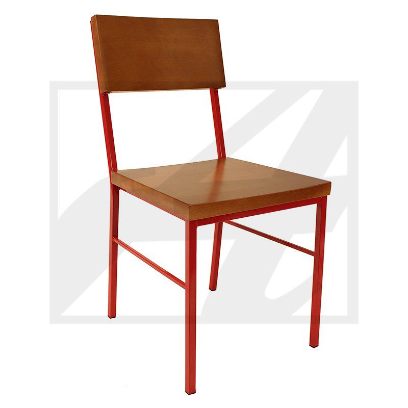 Simple chair with a wooden seat and backrest, red metal frame.