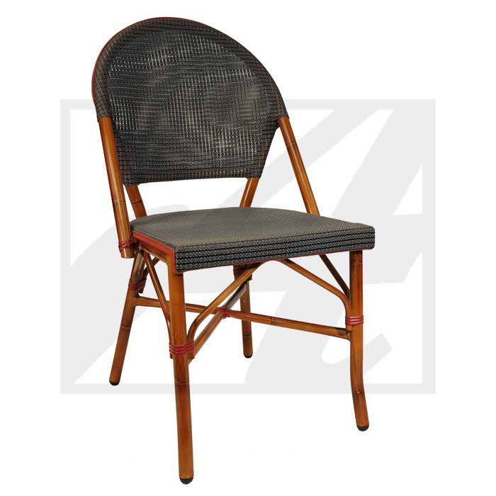 Wooden chair with a rounded black backrest and woven seat.