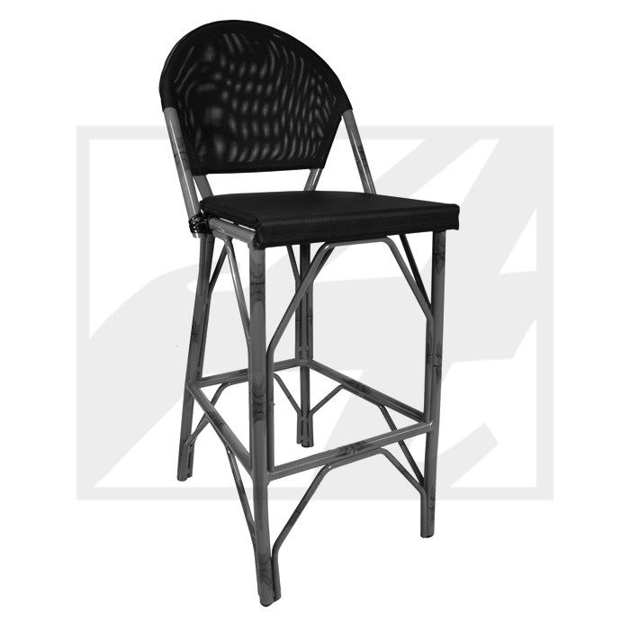 Black wicker bar stool with a curved backrest and footrest.