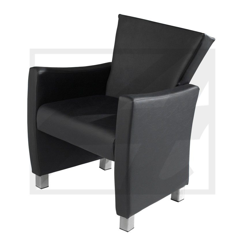 Modern black armchair with sleek design and metal legs.
