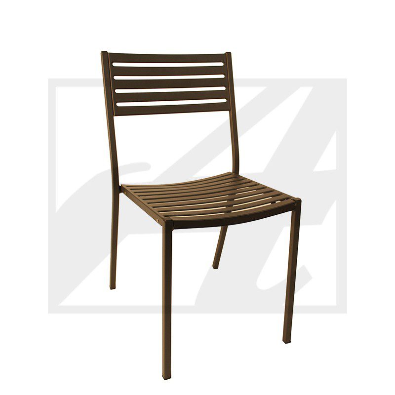 A simple wooden chair with horizontal slats on the backrest and seat.