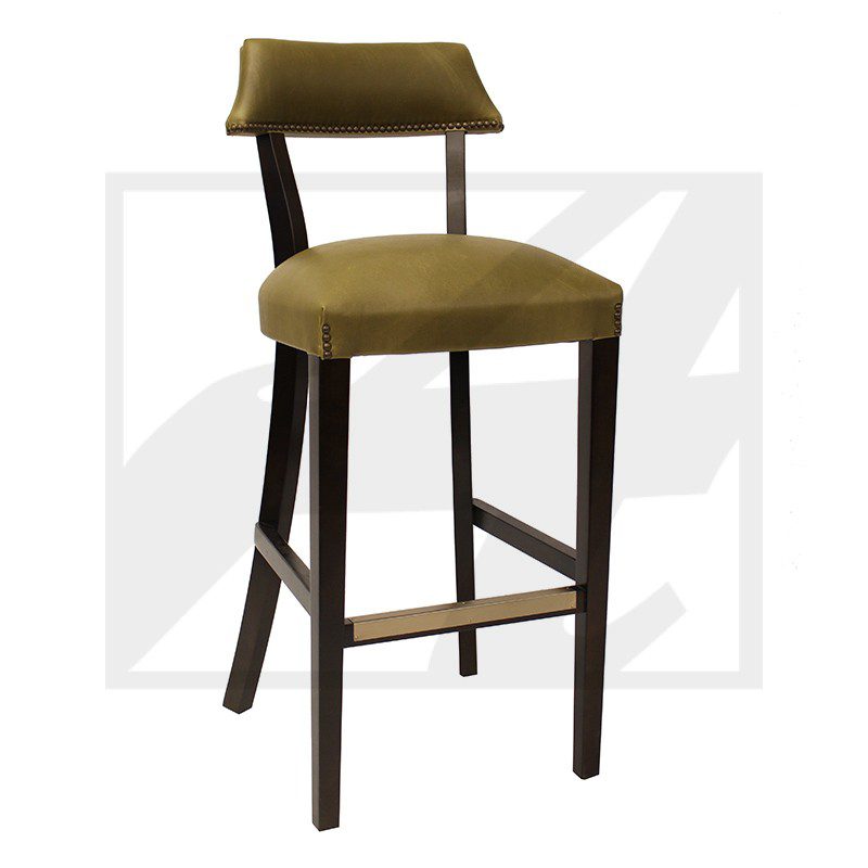 Modern bar stool with olive green cushion and dark wooden legs.