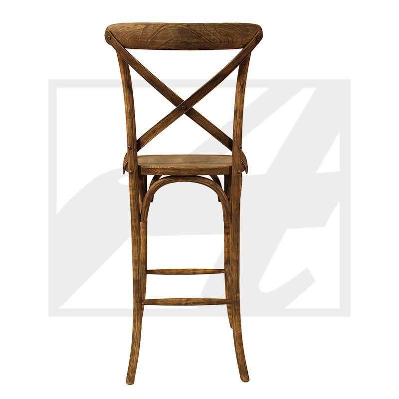 Rustic wooden bar stool with a cross-back design.