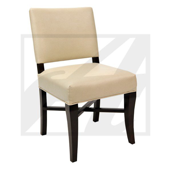Beige upholstered dining chair with dark wooden legs.