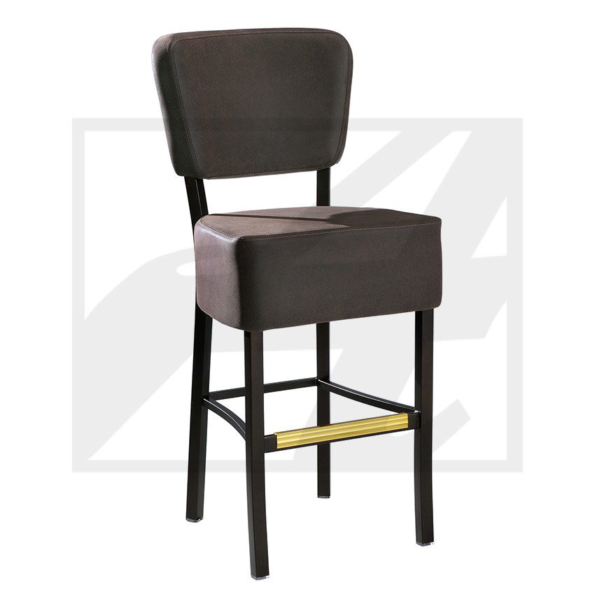 A cushioned bar stool with a dark frame and a brass footrest.