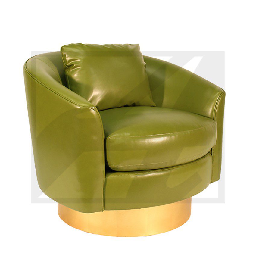 A stylish green armchair with a gold base and matching cushion.
