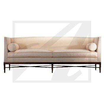 Elegant beige sofa with wooden legs and cylindrical cushions.