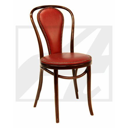 Elegant wooden chair with a curved backrest and red cushioned seat.