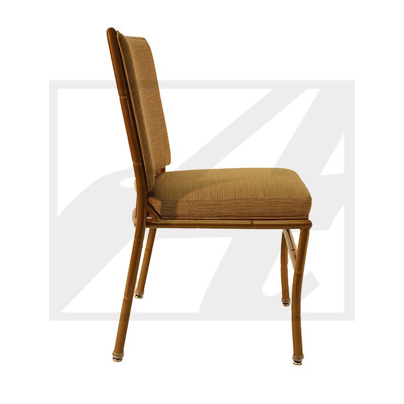 Side view of a brown cushioned chair with wooden frame.