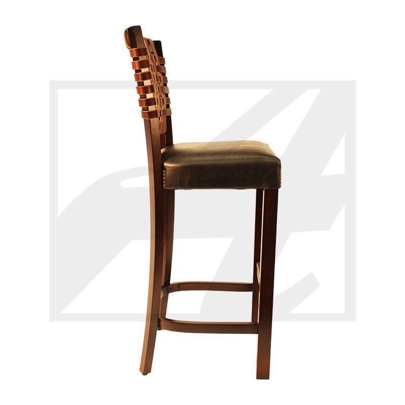 Wooden bar stool with a cushioned seat and decorative backrest.