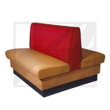A red and tan restaurant booth seat with a central divider.