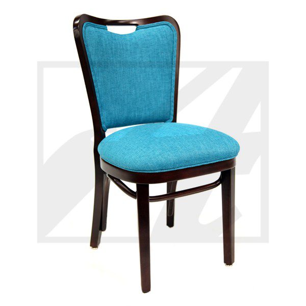 Elegant wooden chair with turquoise upholstery.