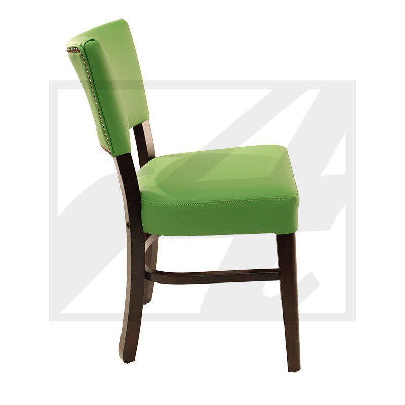Side view of a green upholstered chair with dark wooden legs.