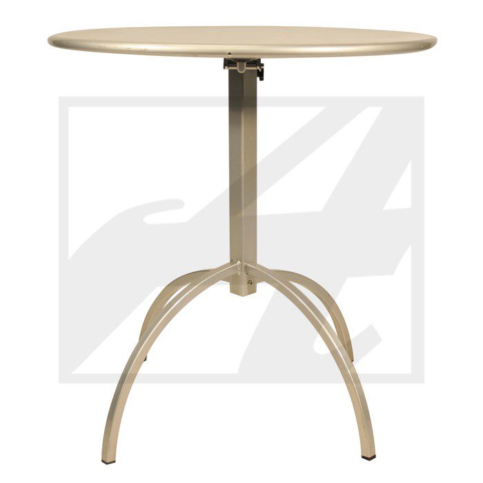 Round beige metal table with tripod legs.
