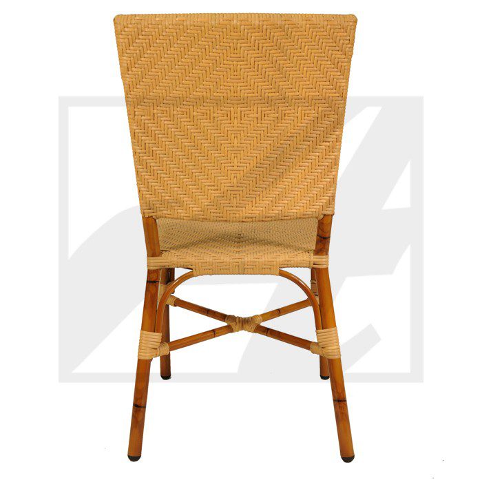 Front view of a woven rattan chair with a wooden frame.