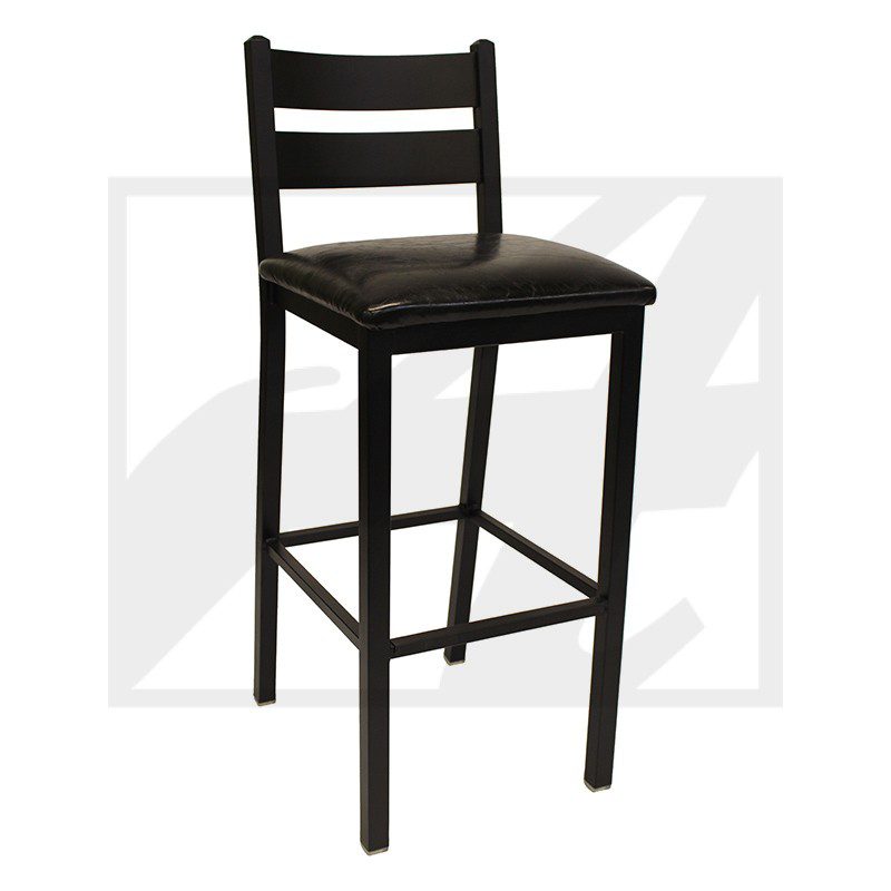 Black wooden bar stool with a cushioned seat.