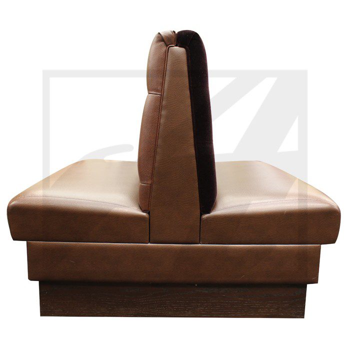 Brown leather double-sided booth seating with wooden base.