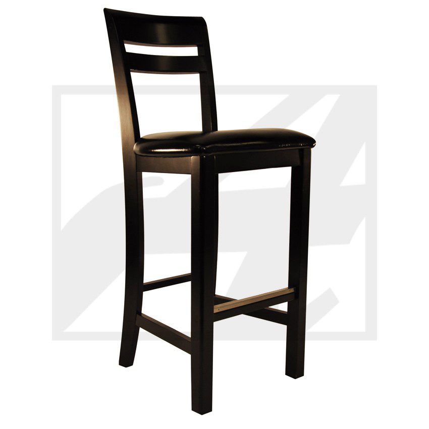 A tall wooden bar stool with a ladder back design.