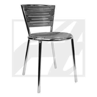Modern metal chair with a simple design and horizontal slats on the backrest.