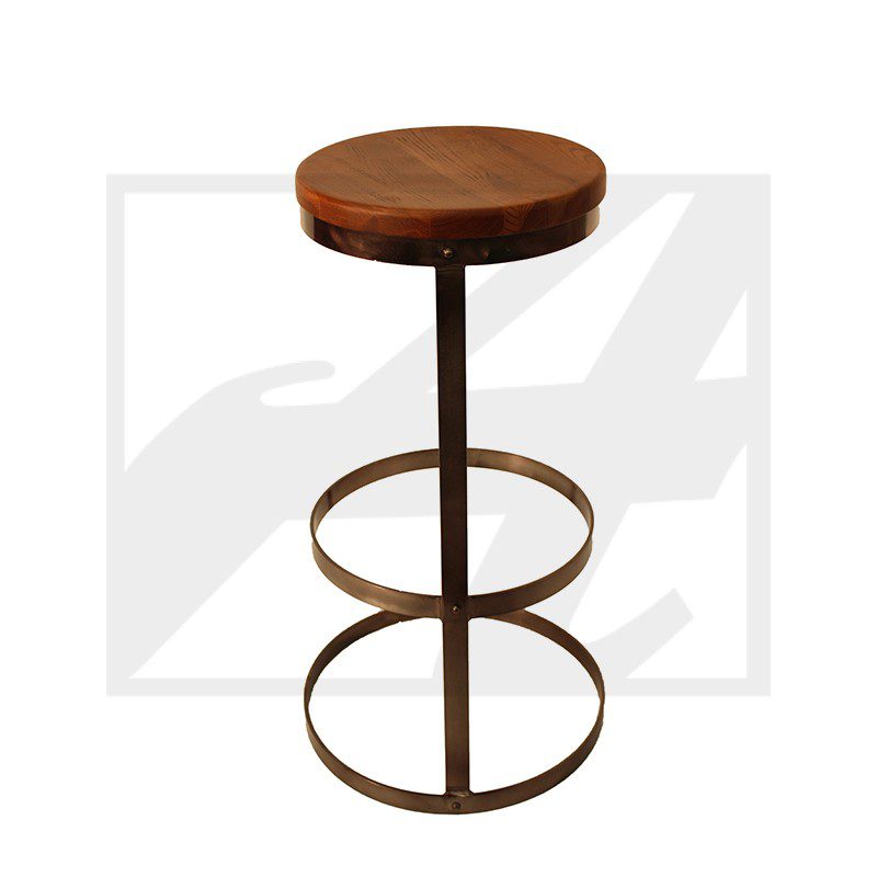 Round wooden bar stool with metal frame and circular footrest.