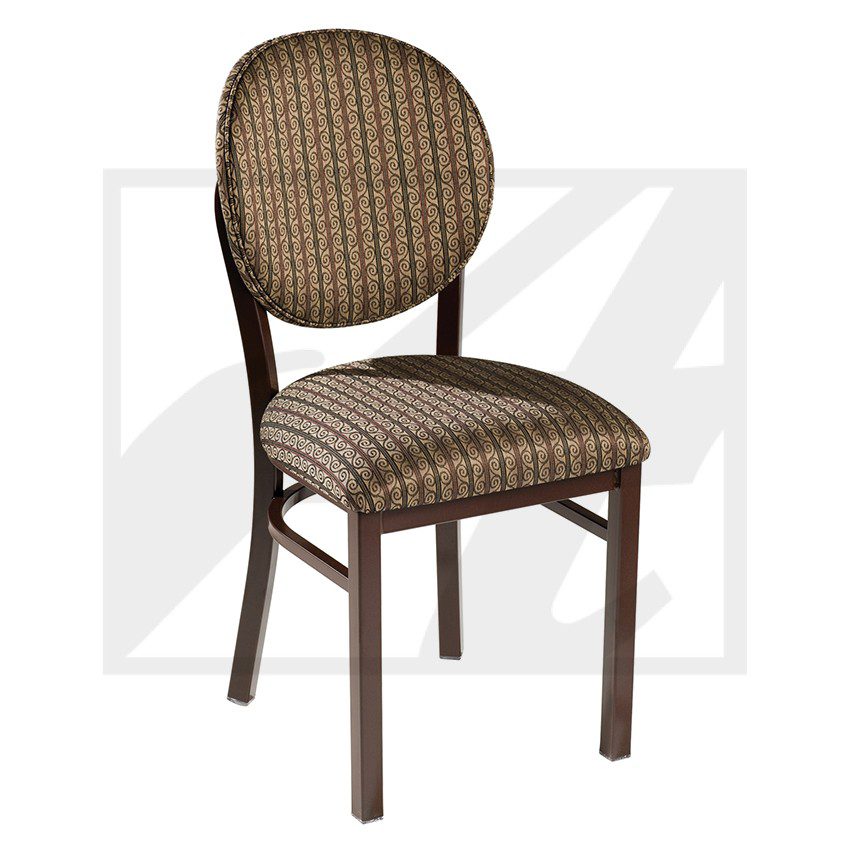Elegant wooden chair with patterned upholstery.