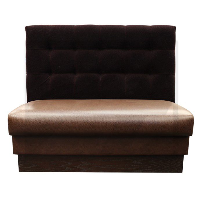 A brown leather bench with a tufted backrest.