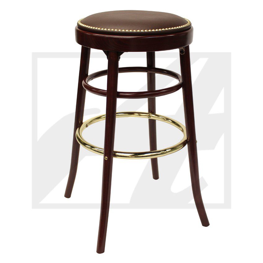A dark brown wooden bar stool with a round seat and brass footrest.