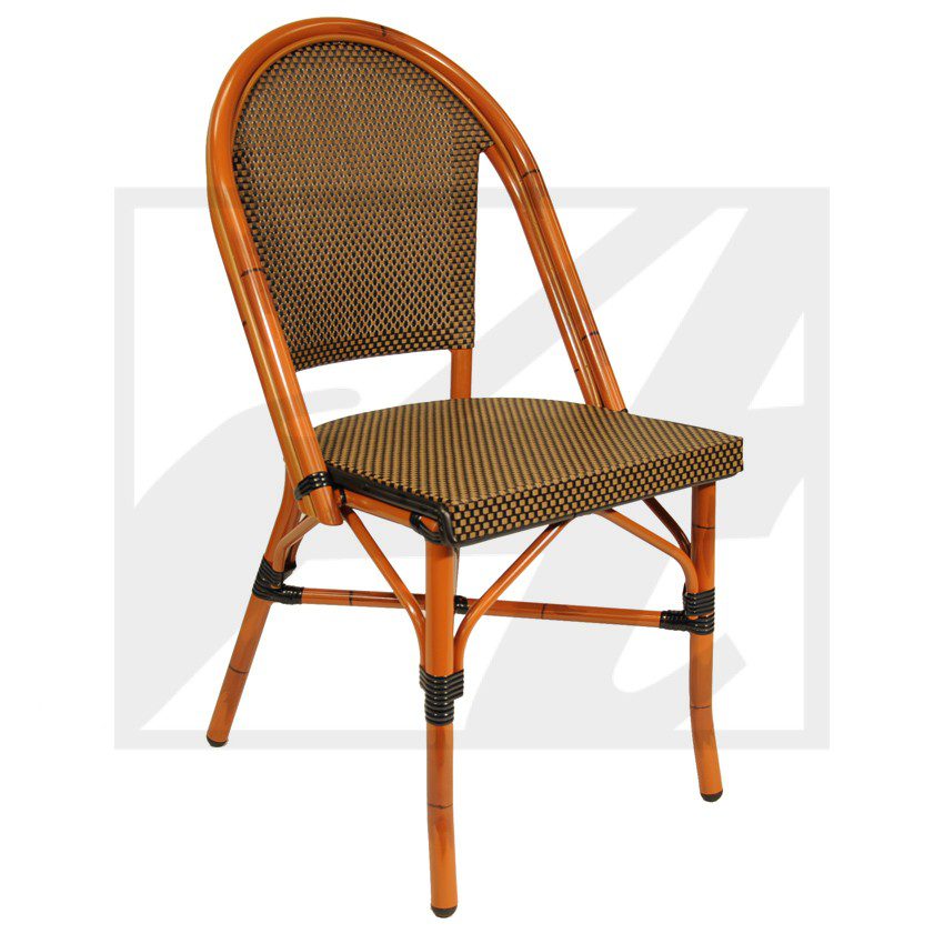 Brown wicker chair with a curved backrest and sturdy legs.