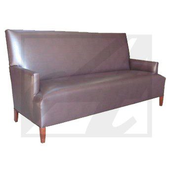 A sleek brown leather bench with wooden legs.