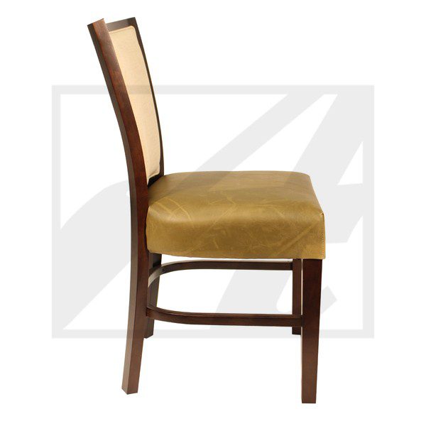 Side view of a wooden chair with cushioned seat and backrest.