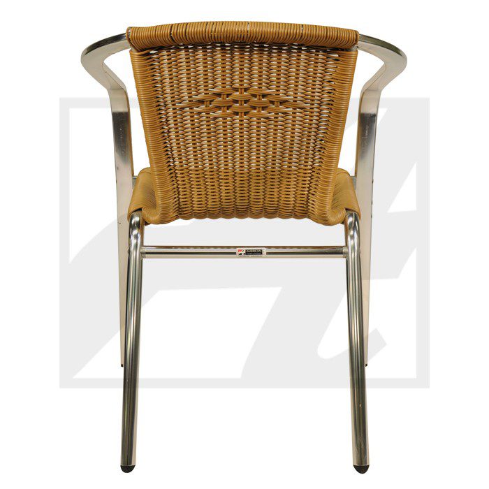 Wicker chair with metal frame, viewed from the back.