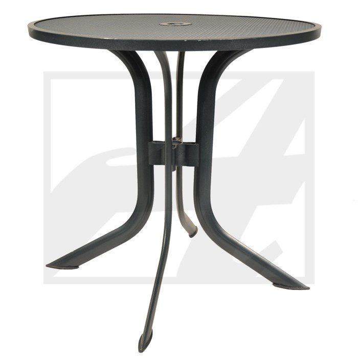 Round metal outdoor table with curved legs and central support.