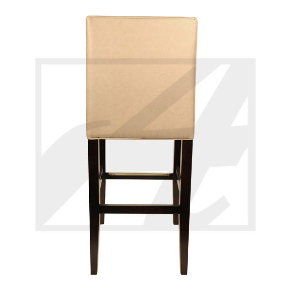 A beige upholstered bar stool with dark wooden legs.