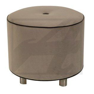 Round beige ottoman with wooden legs and a button top.