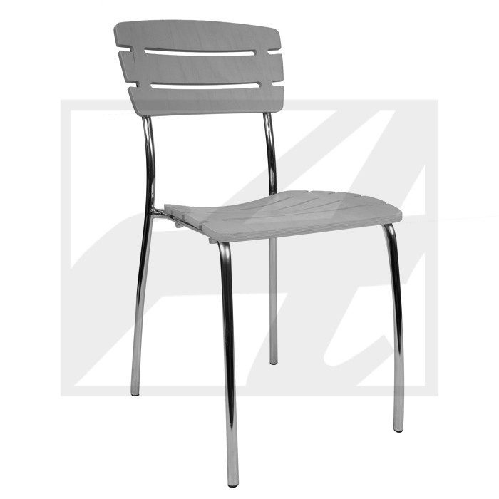 Modern gray metal chair with a simple design and curved backrest.