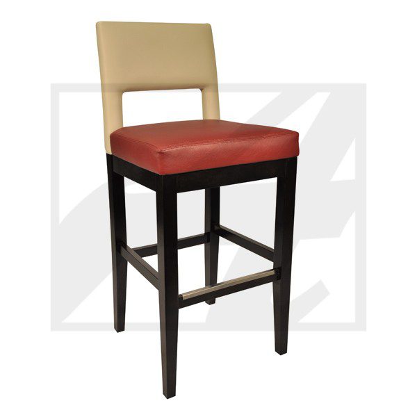 Modern bar stool with beige backrest and red cushioned seat.