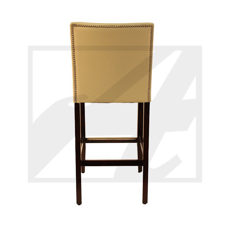 Tall beige bar stool with dark wooden legs and footrest, viewed from the back.