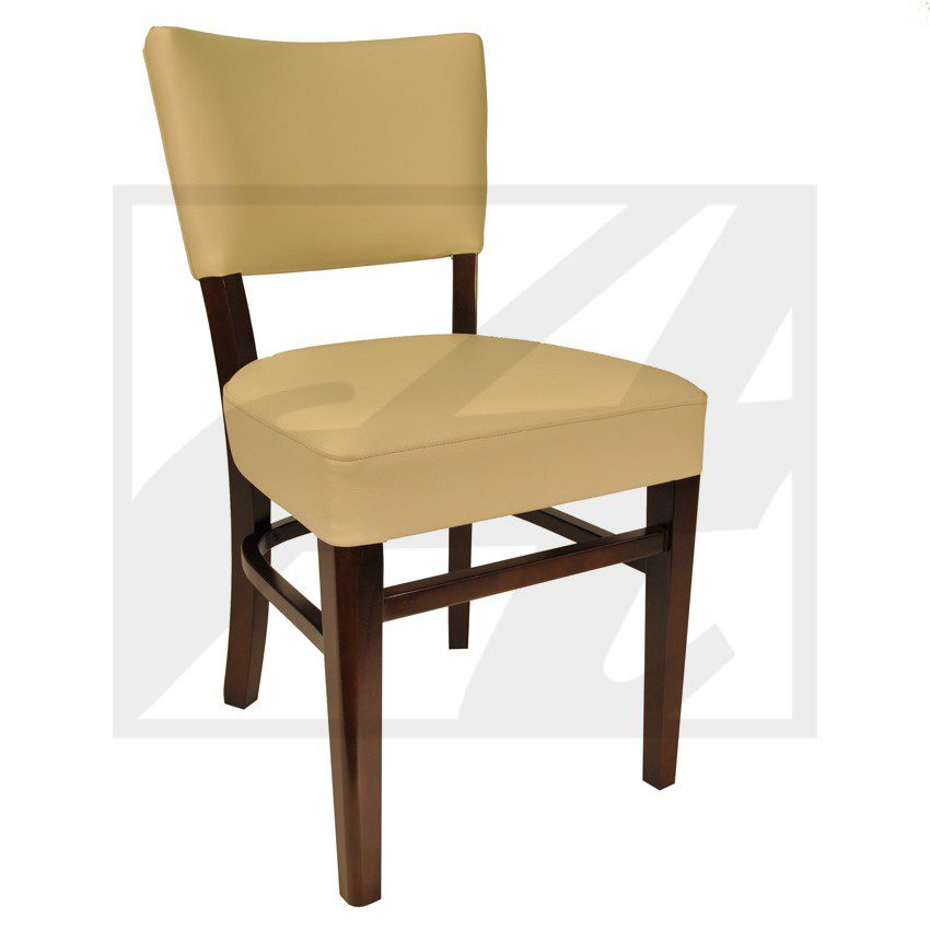 A wooden chair with beige cushioned seat and backrest.
