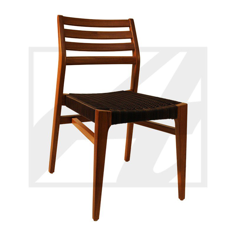 Wooden chair with a woven seat and ladder back design.