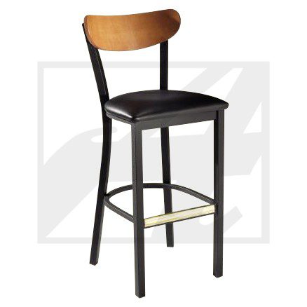 Modern bar stool with black legs, leather seat, and wooden backrest.