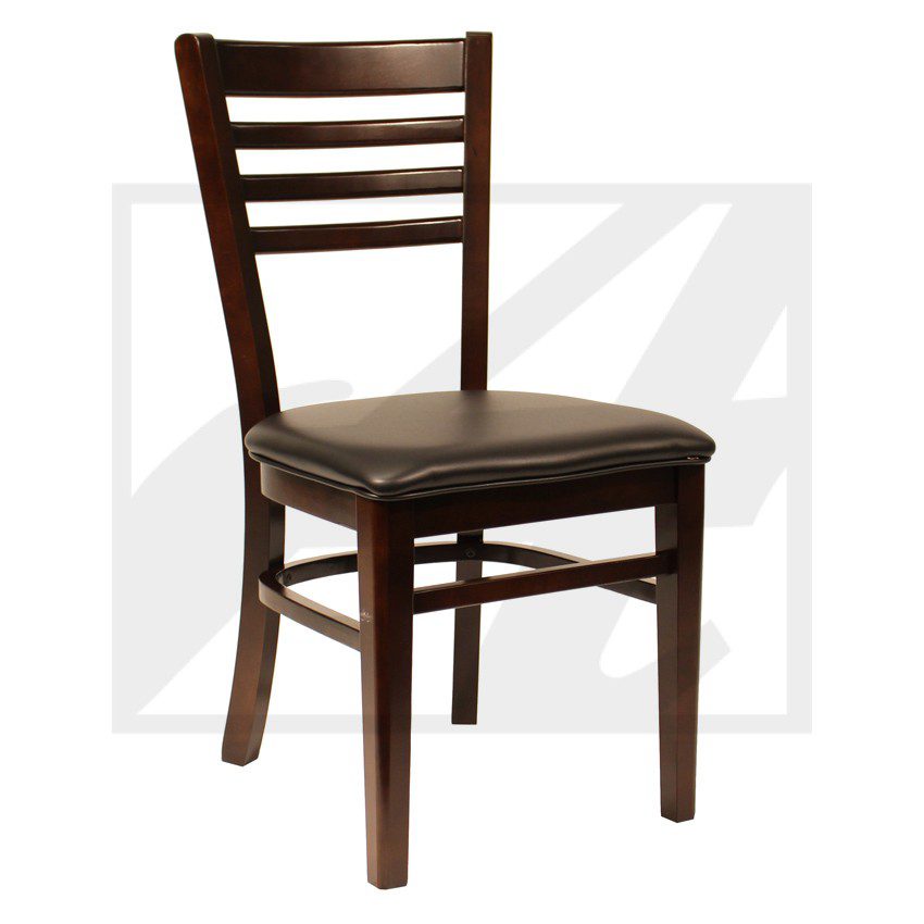 Wooden dining chair with a cushioned seat and slatted backrest.