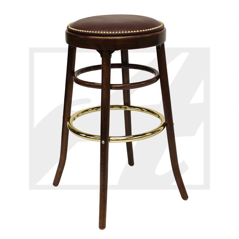 Wooden bar stool with a round leather seat and brass footrest.