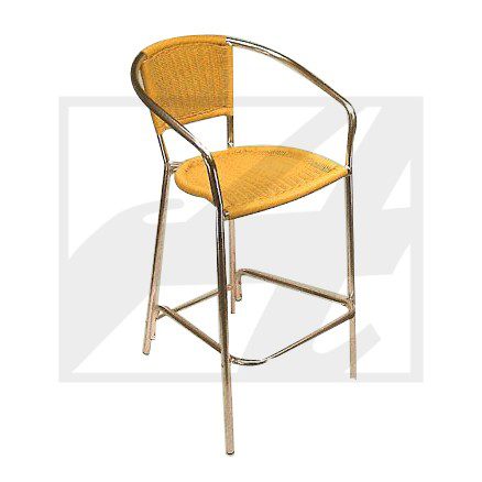 Modern bar stool with yellow seat and metal frame.
