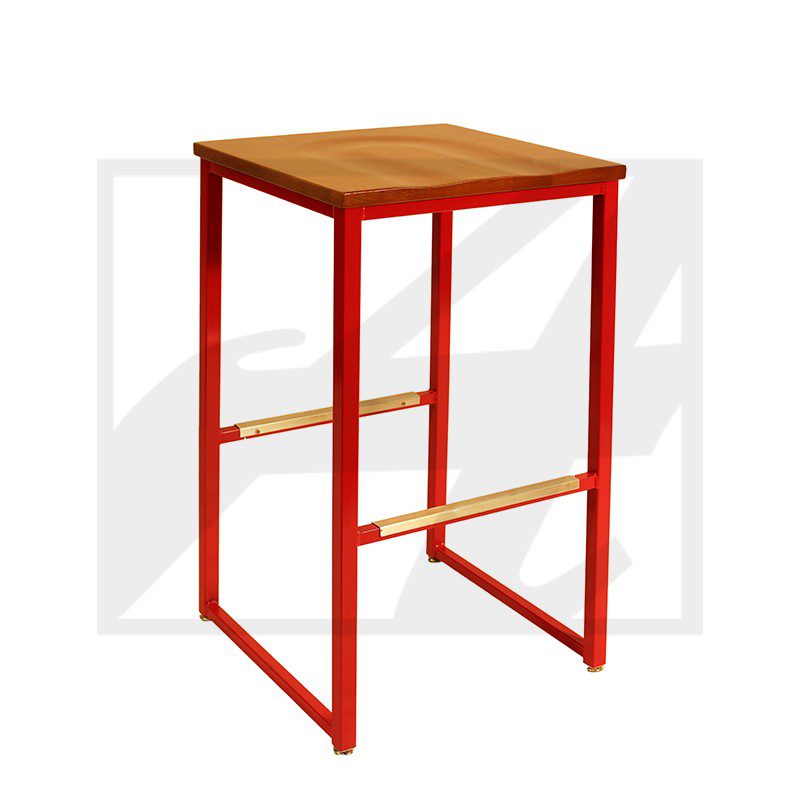 Modern wooden stool with red metal frame and footrest.