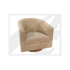 A beige upholstered swivel armchair with a curved back.