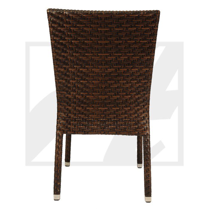 Back view of a brown wicker chair with a woven design.