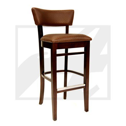 Wooden bar stool with brown leather seat and backrest.