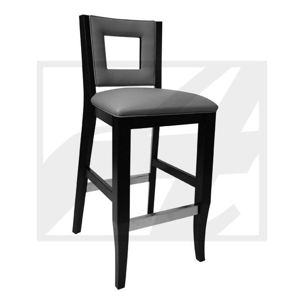 Black wooden bar stool with cushioned seat and backrest.