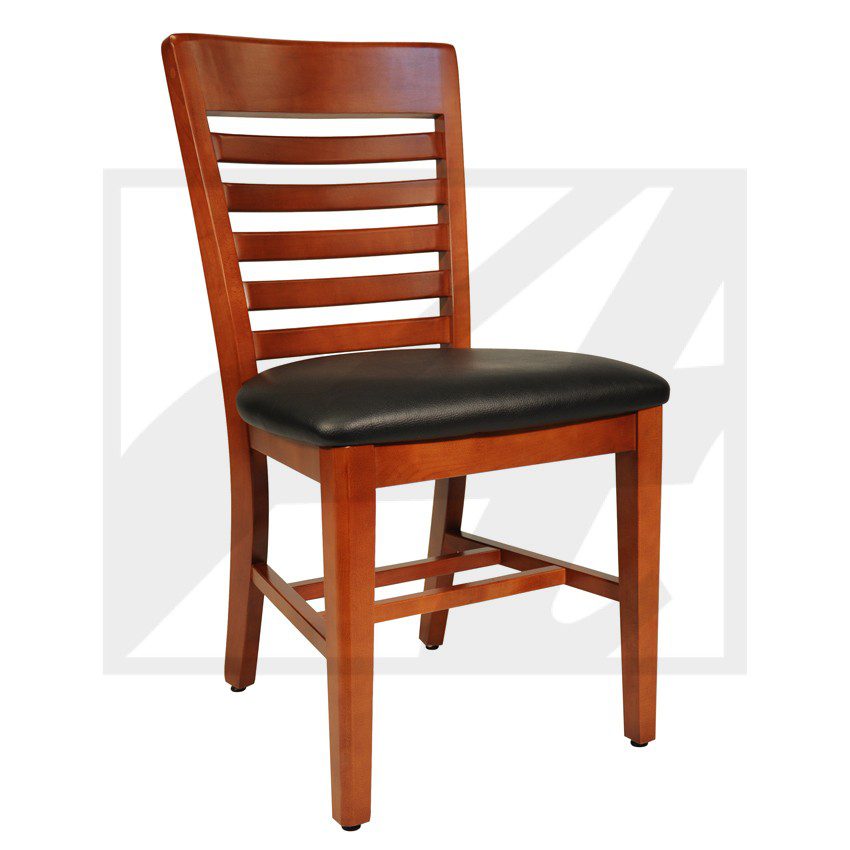 Wooden dining chair with black cushioned seat and slatted backrest.