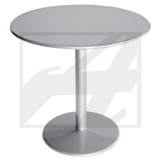 Round glass table with metal base and pedestal.